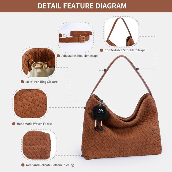 Woven Suede Hobo Bag for Women, Fall Woven Purse Slouchy Shoulder Crossbody Bag, - Picture 6 of 7